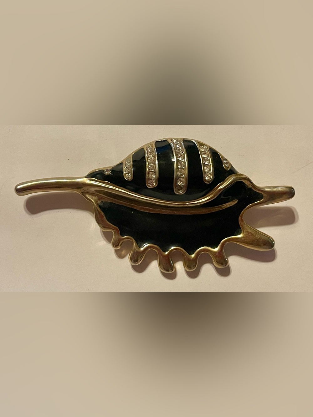 Silver Tone Black Enamel Shell Brooch with Clear Crystals